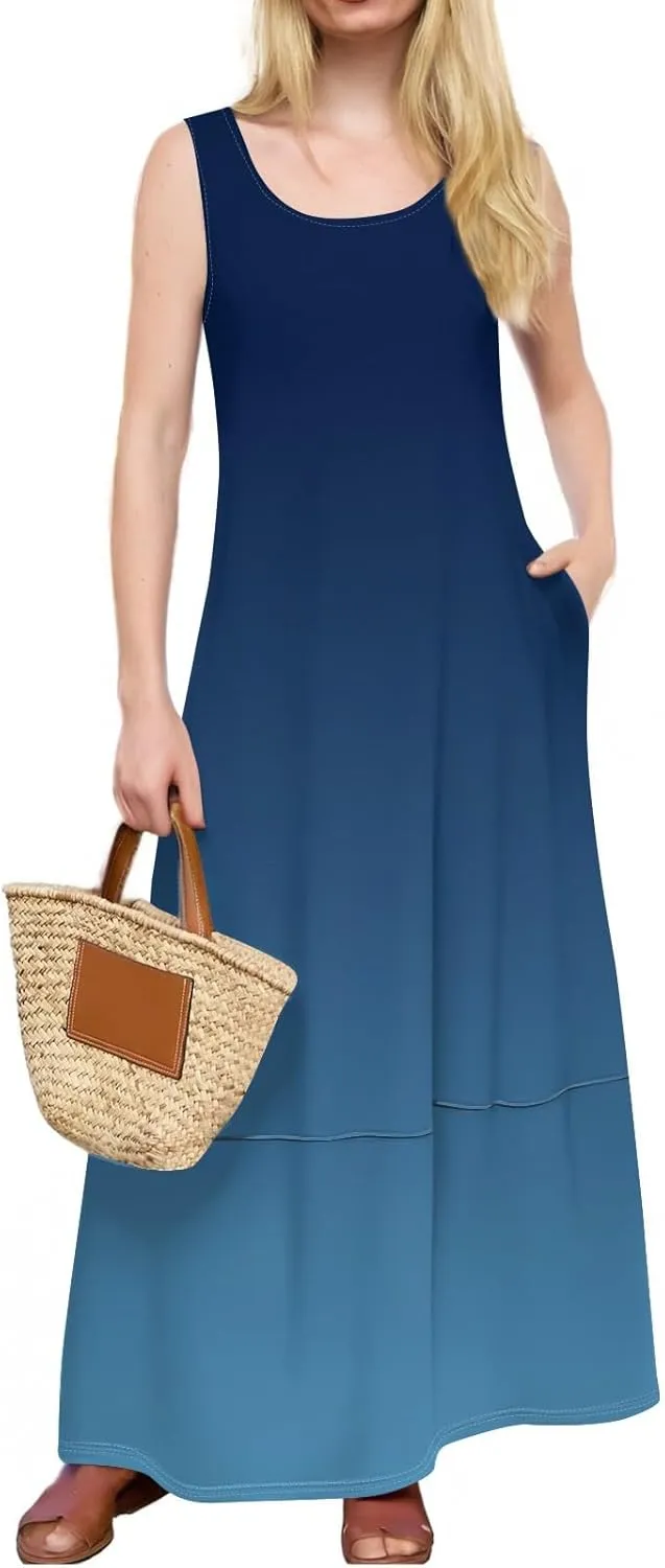 Summer Maxi Dress Women's 2025 Summer Casual Maxi Sundress Beach Gradient Crew Neck Sleeveless Loose Tank Dress