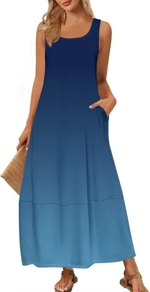 Summer Maxi Dress Women's 2025 Summer Casual Maxi Sundress Beach Gradient Crew Neck Sleeveless Loose Tank Dress