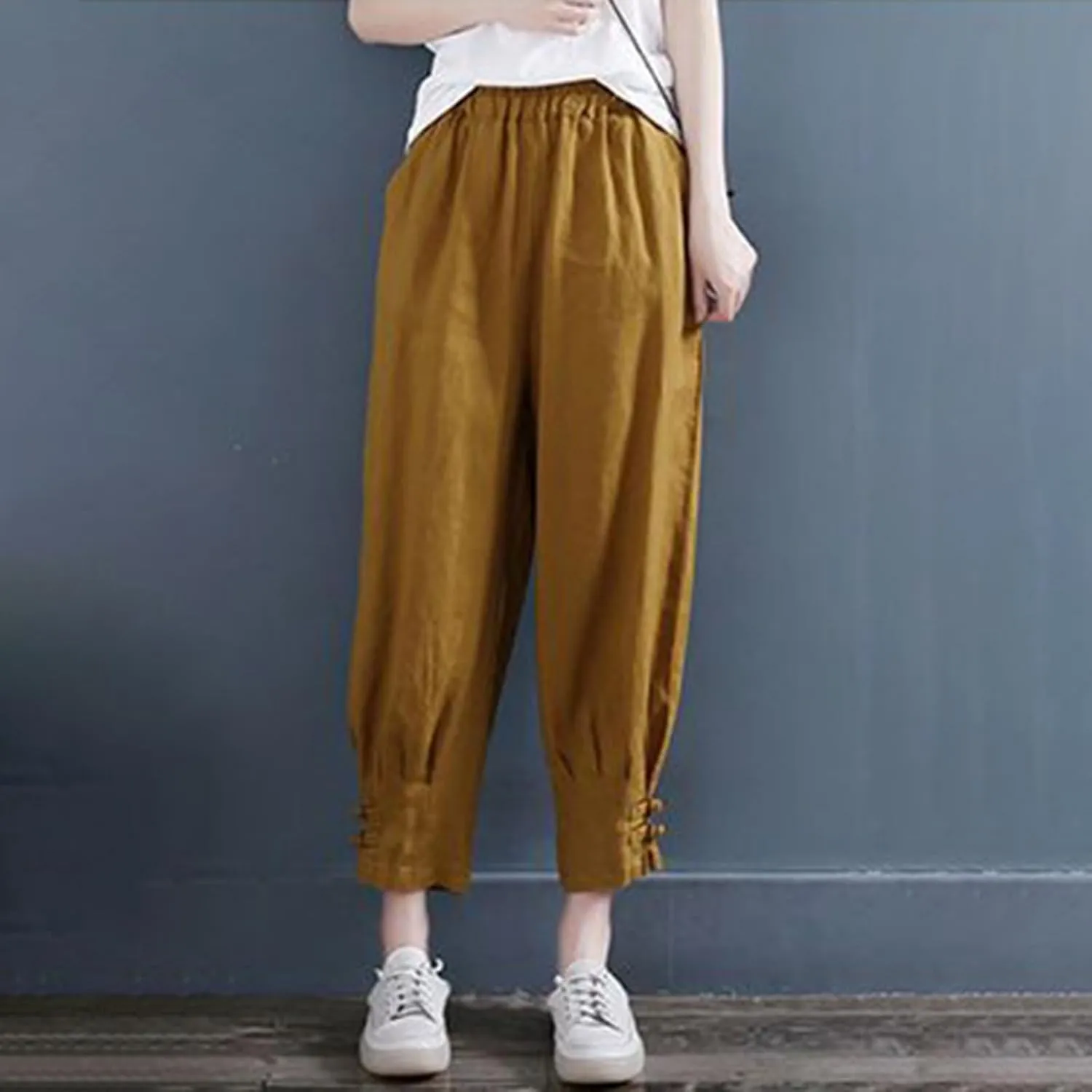 Women Capri Cotton Linen Pants Tapered Leg Capris Summer Cropped Trousers Solid Color 3/4 Pant Lightweight Loose Bottom