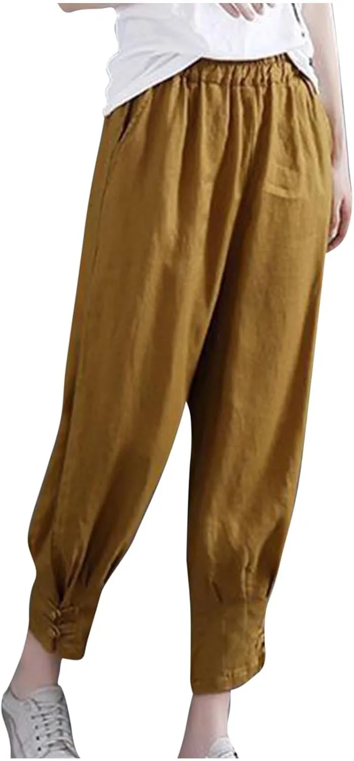 Women Capri Cotton Linen Pants Tapered Leg Capris Summer Cropped Trousers Solid Color 3/4 Pant Lightweight Loose Bottom