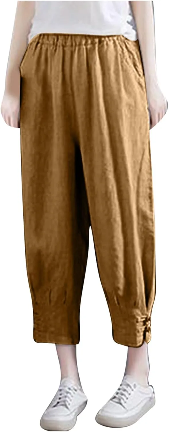 Women Capri Cotton Linen Pants Tapered Leg Capris Summer Cropped Trousers Solid Color 3/4 Pant Lightweight Loose Bottom