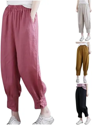 Women Capri Cotton Linen Pants Tapered Leg Capris Summer Cropped Trousers Solid Color 3/4 Pant Lightweight Loose Bottom