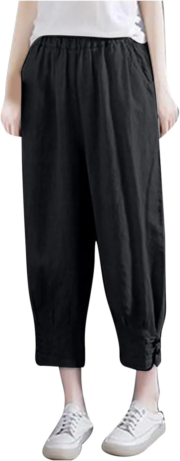 Women Capri Cotton Linen Pants Tapered Leg Capris Summer Cropped Trousers Solid Color 3/4 Pant Lightweight Loose Bottom