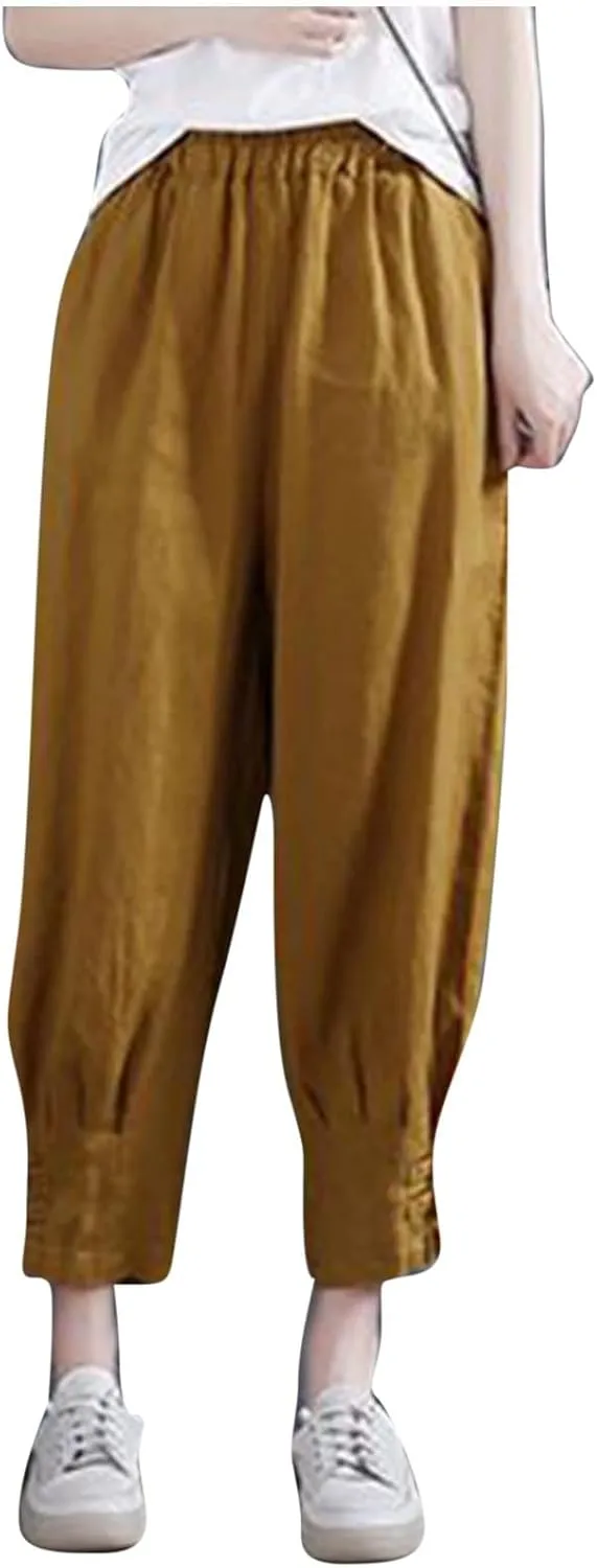 Women Capri Cotton Linen Pants Tapered Leg Capris Summer Cropped Trousers Solid Color 3/4 Pant Lightweight Loose Bottom