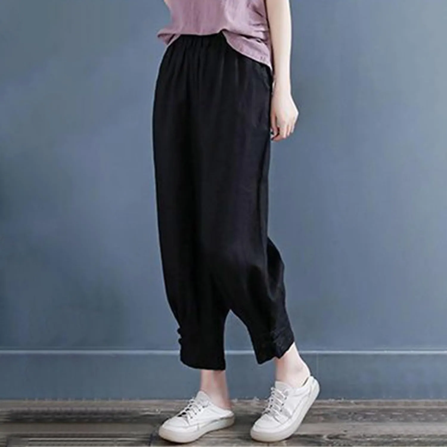 Women Capri Cotton Linen Pants Tapered Leg Capris Summer Cropped Trousers Solid Color 3/4 Pant Lightweight Loose Bottom