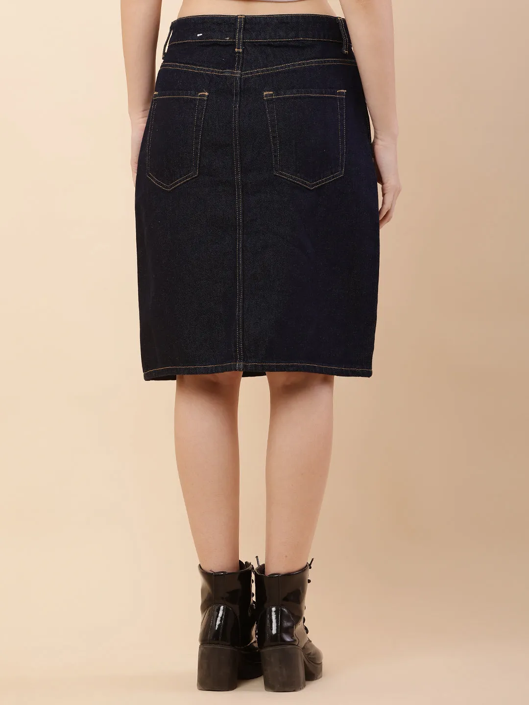 Women Dark Blue Front Slit Denim Skirt