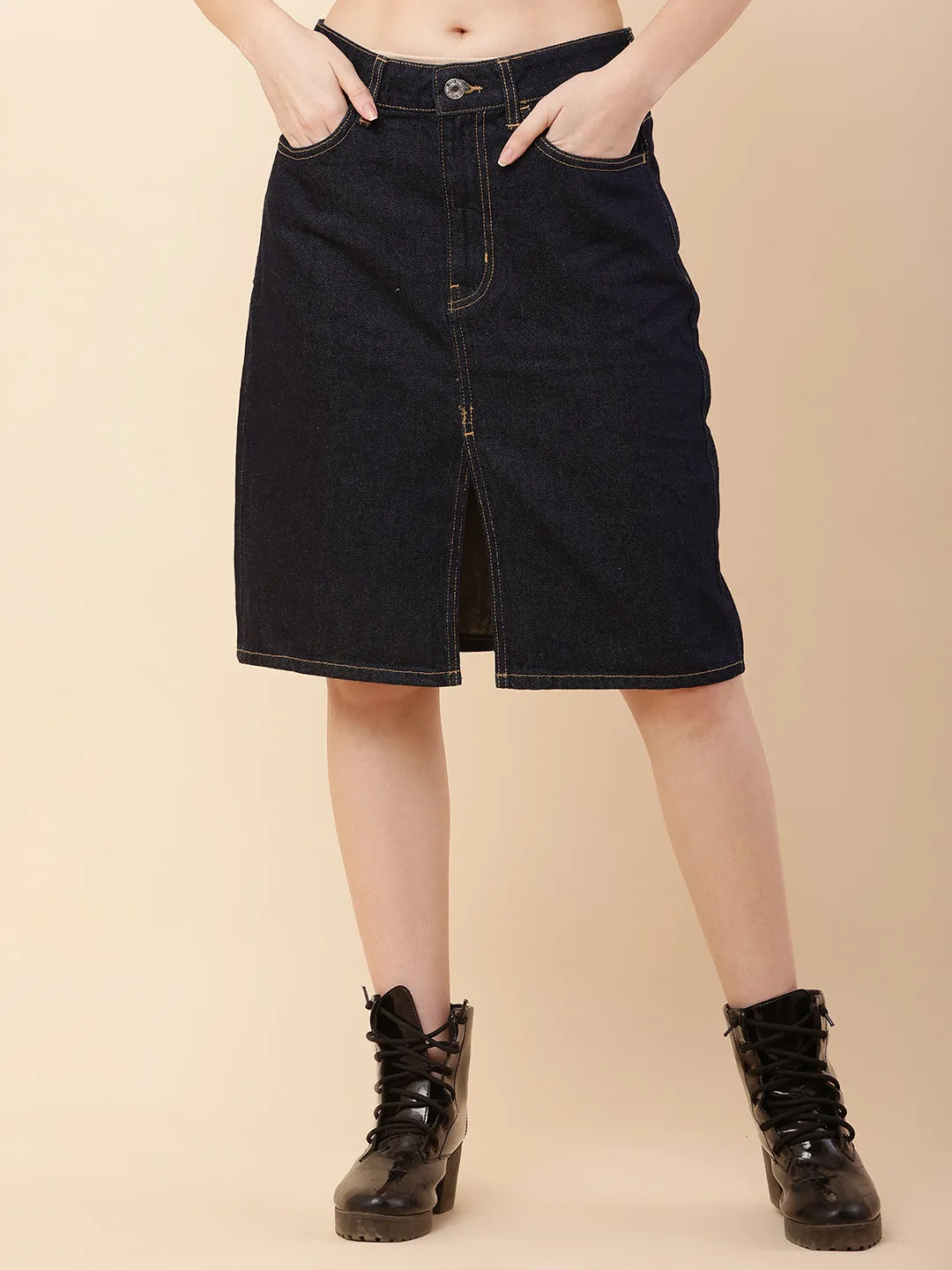 Women Dark Blue Front Slit Denim Skirt