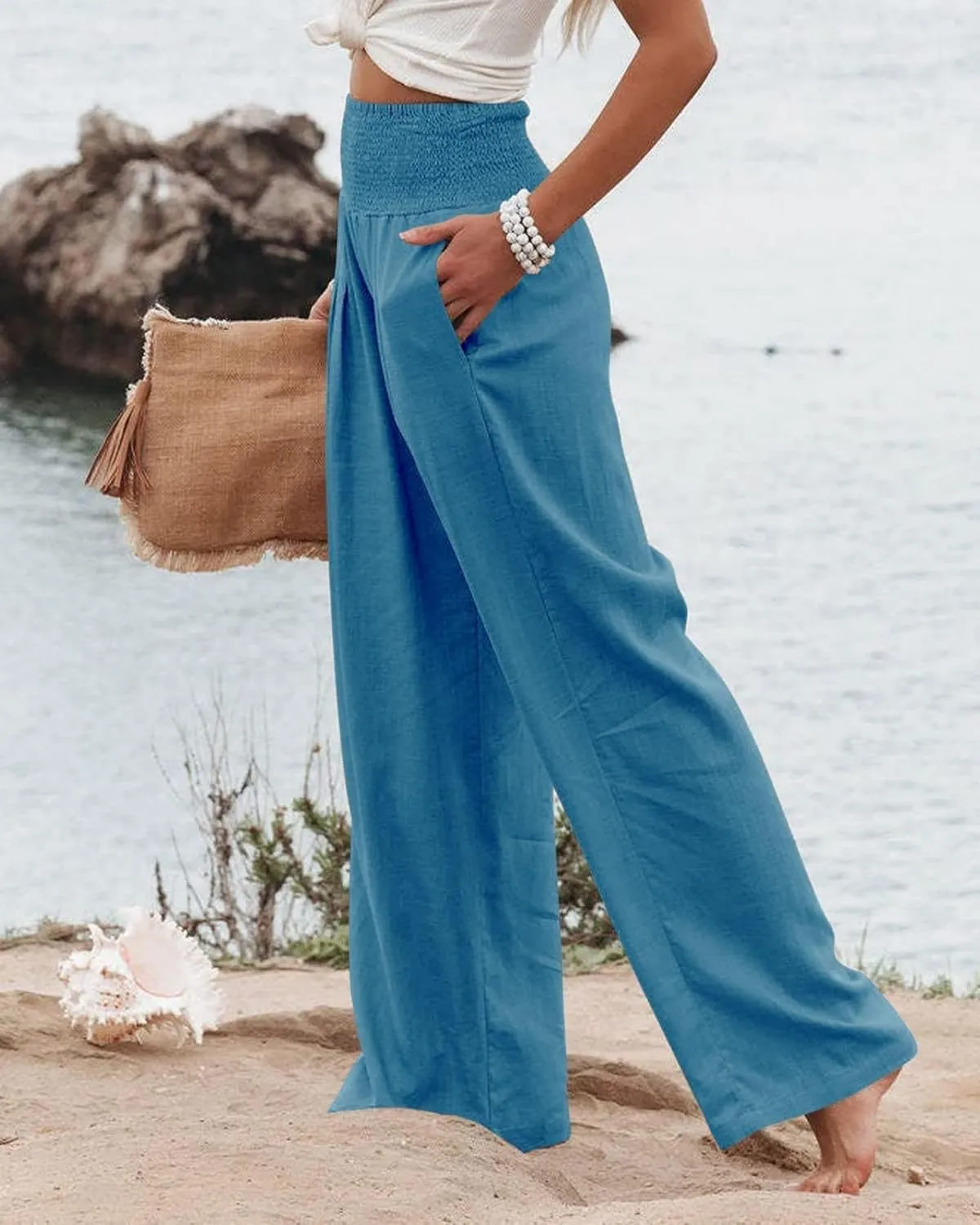 Women Linen Palazzo Pants Summer Elastic High Waisted Wide Leg Long Trousers Lounge Vacation Beach Pant with Pockets