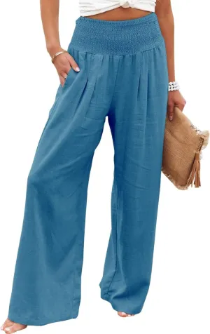 Women Linen Palazzo Pants Summer Elastic High Waisted Wide Leg Long Trousers Lounge Vacation Beach Pant with Pockets