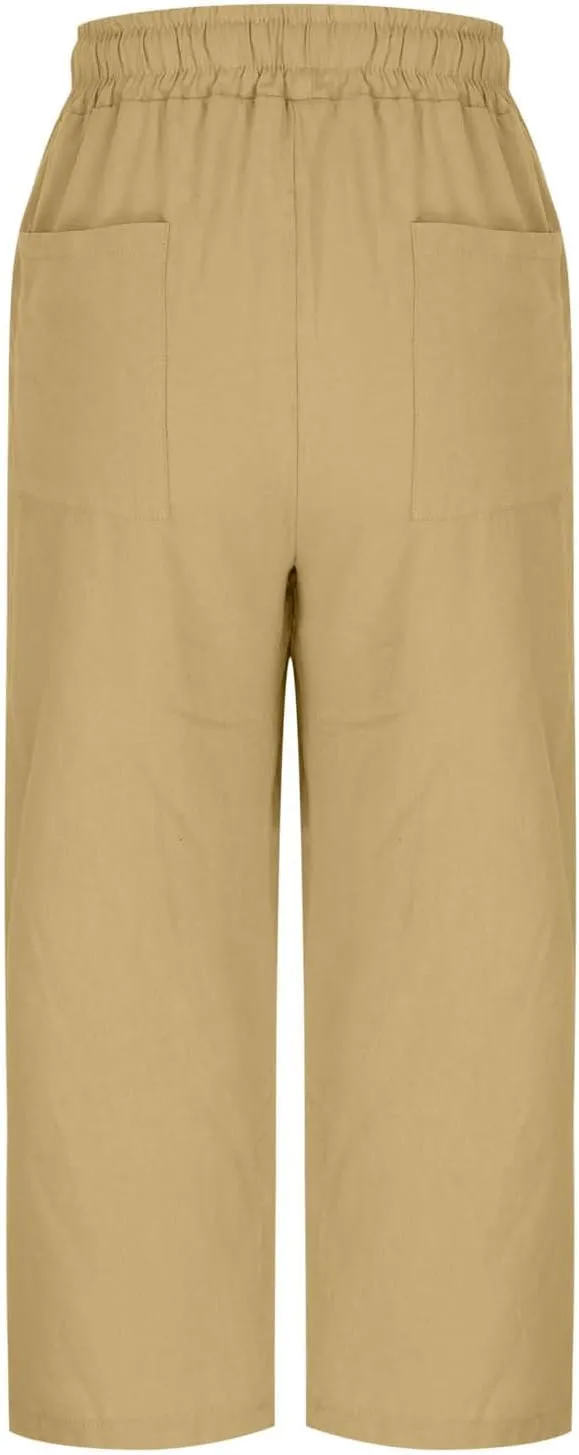 Women Summer Cotton Linen Capri Pants Plain Pant Elasticated Waist Cropped Trousers Loose Breathable Capris with Pocket