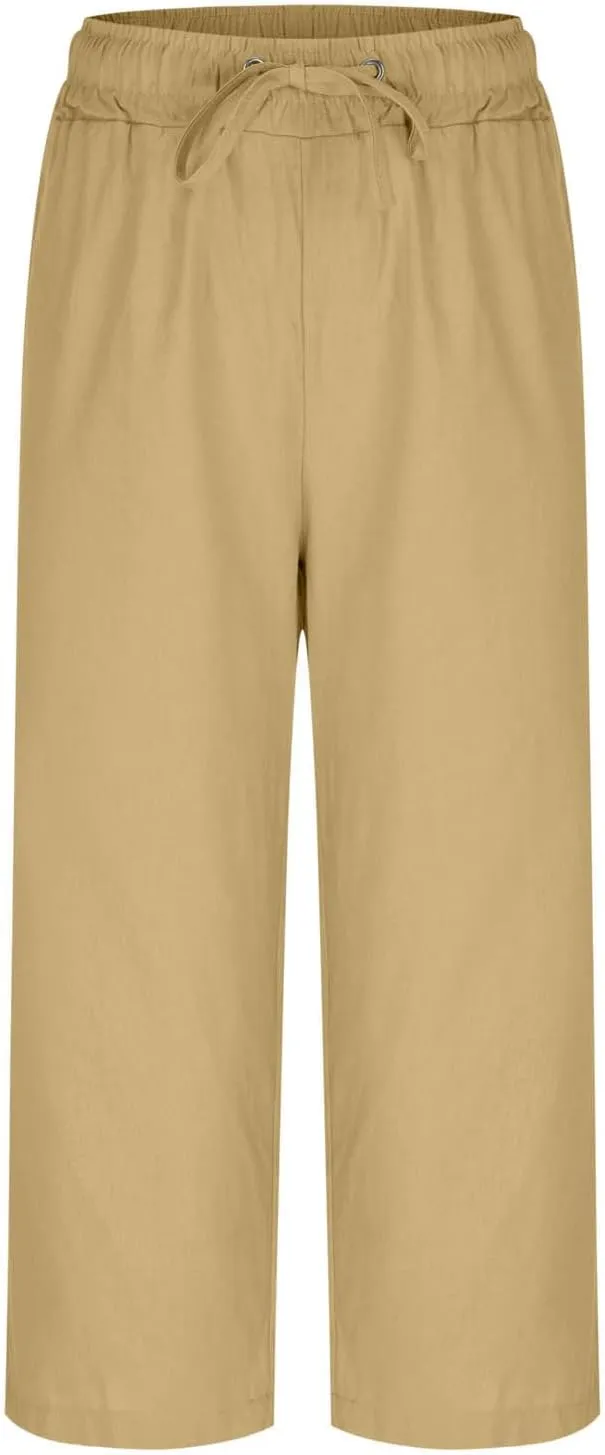 Women Summer Cotton Linen Capri Pants Plain Pant Elasticated Waist Cropped Trousers Loose Breathable Capris with Pocket