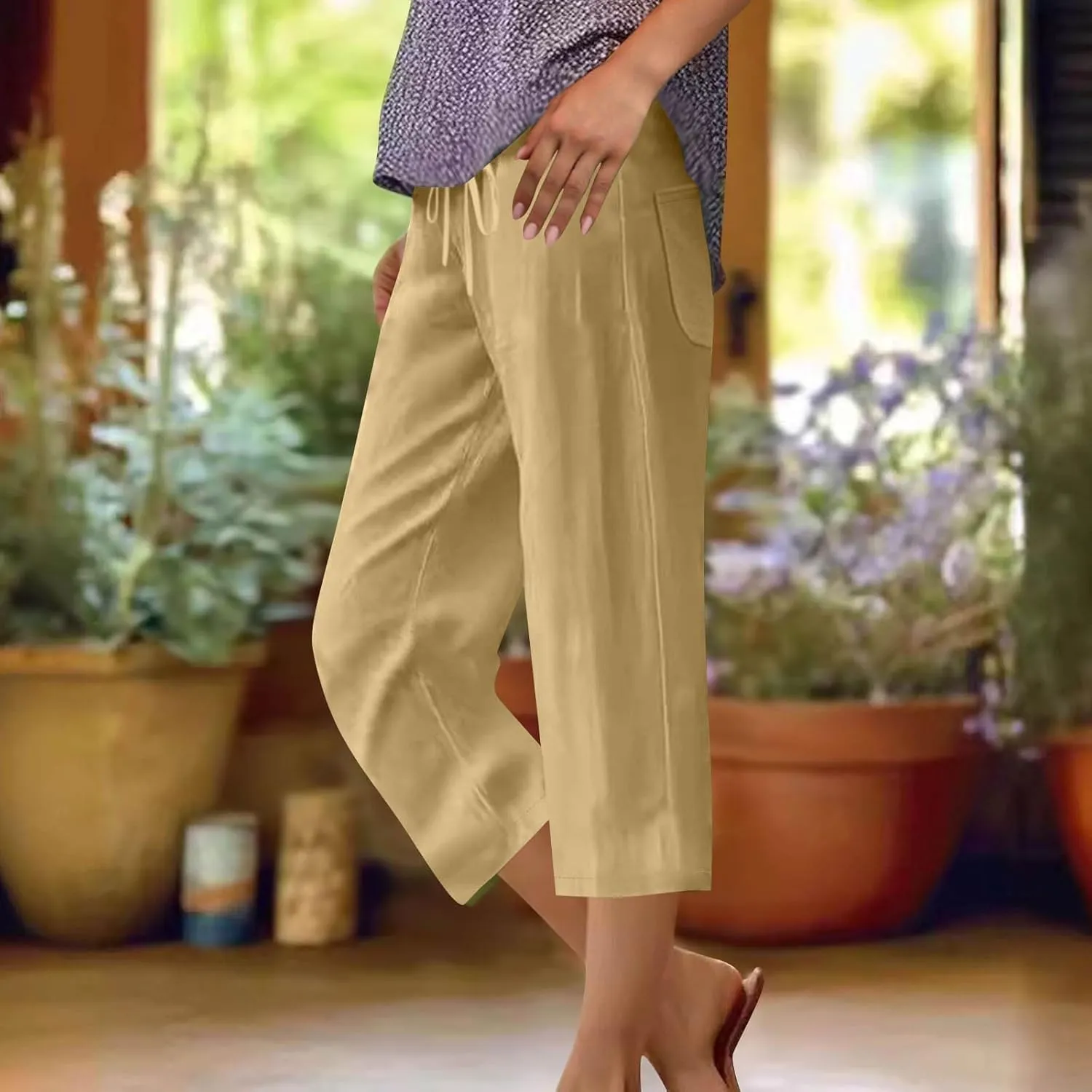 Women Summer Cotton Linen Capri Pants Plain Pant Elasticated Waist Cropped Trousers Loose Breathable Capris with Pocket