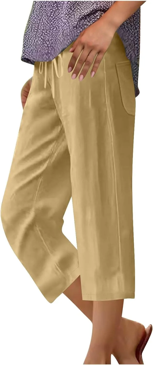 Women Summer Cotton Linen Capri Pants Plain Pant Elasticated Waist Cropped Trousers Loose Breathable Capris with Pocket