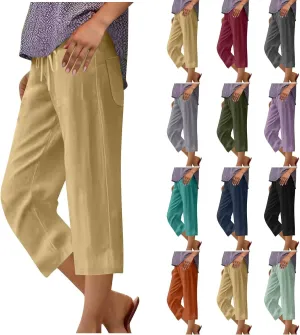 Women Summer Cotton Linen Capri Pants Plain Pant Elasticated Waist Cropped Trousers Loose Breathable Capris with Pocket