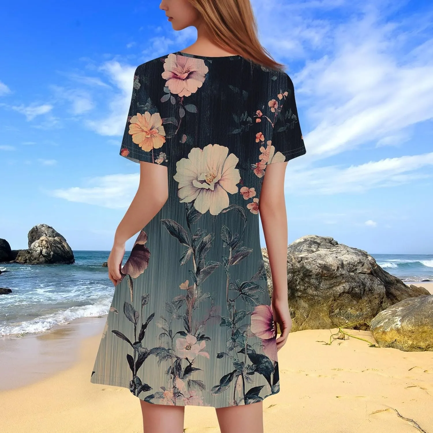 Women's Casual A-Line Dresses Summer Floral Tshirt Dress Short Sleeve Mini Dress Flowy Sundresses
