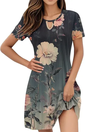 Women's Casual A-Line Dresses Summer Floral Tshirt Dress Short Sleeve Mini Dress Flowy Sundresses