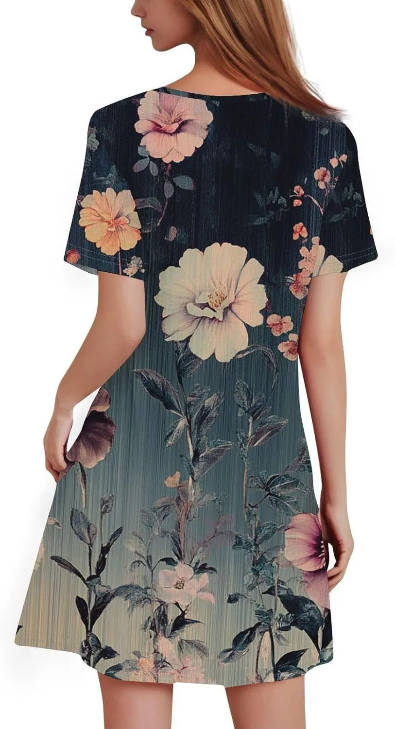 Women's Casual A-Line Dresses Summer Floral Tshirt Dress Short Sleeve Mini Dress Flowy Sundresses