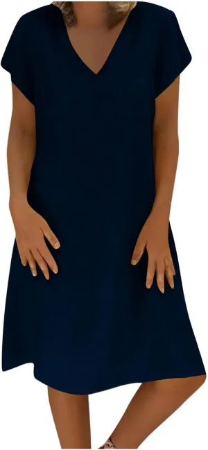 Women's Cotton Linen Dress Plus Size V Neck Short Sleeve Midi Dress Solid Color Dress Summer Loose Casual Flowy Dress
