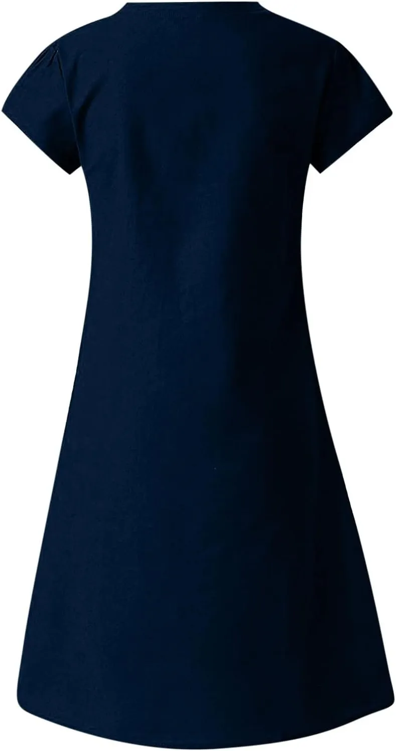 Women's Cotton Linen Dress Plus Size V Neck Short Sleeve Midi Dress Solid Color Dress Summer Loose Casual Flowy Dress