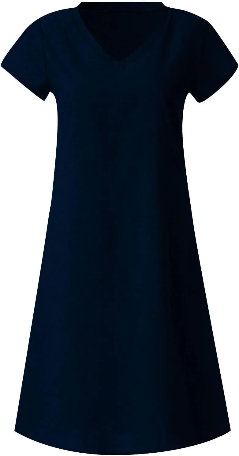 Women's Cotton Linen Dress Plus Size V Neck Short Sleeve Midi Dress Solid Color Dress Summer Loose Casual Flowy Dress