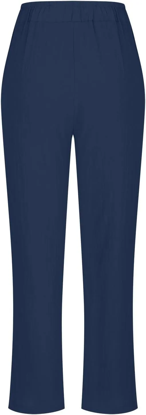 Womens Cotton Linen Pants Plus Size Loose Casual Pocket Straight Leg Pants Summer Comfy Breathable Trousers