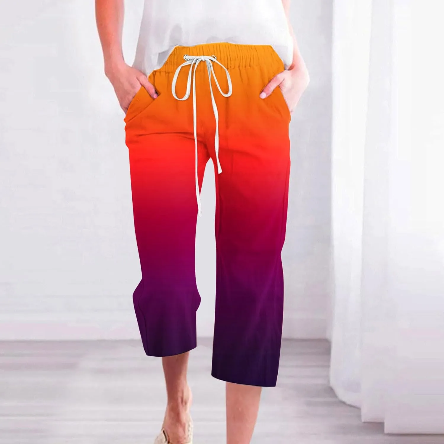 Womens Cotton Linen Trousers Gradient Color Capri Pants Elasticated Waist Summer Wide Leg Cropped Trouser with Pockets