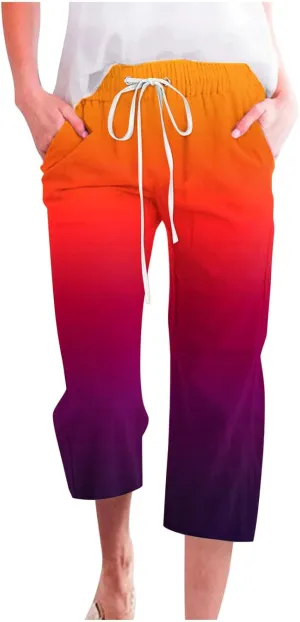 Womens Cotton Linen Trousers Gradient Color Capri Pants Elasticated Waist Summer Wide Leg Cropped Trouser with Pockets