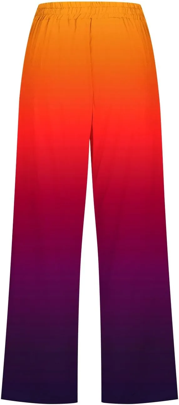 Womens Cotton Linen Trousers Gradient Color Capri Pants Elasticated Waist Summer Wide Leg Cropped Trouser with Pockets