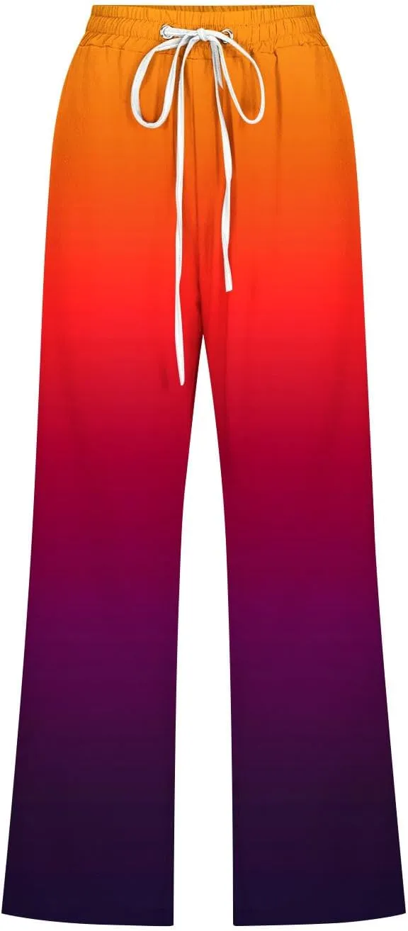 Womens Cotton Linen Trousers Gradient Color Capri Pants Elasticated Waist Summer Wide Leg Cropped Trouser with Pockets