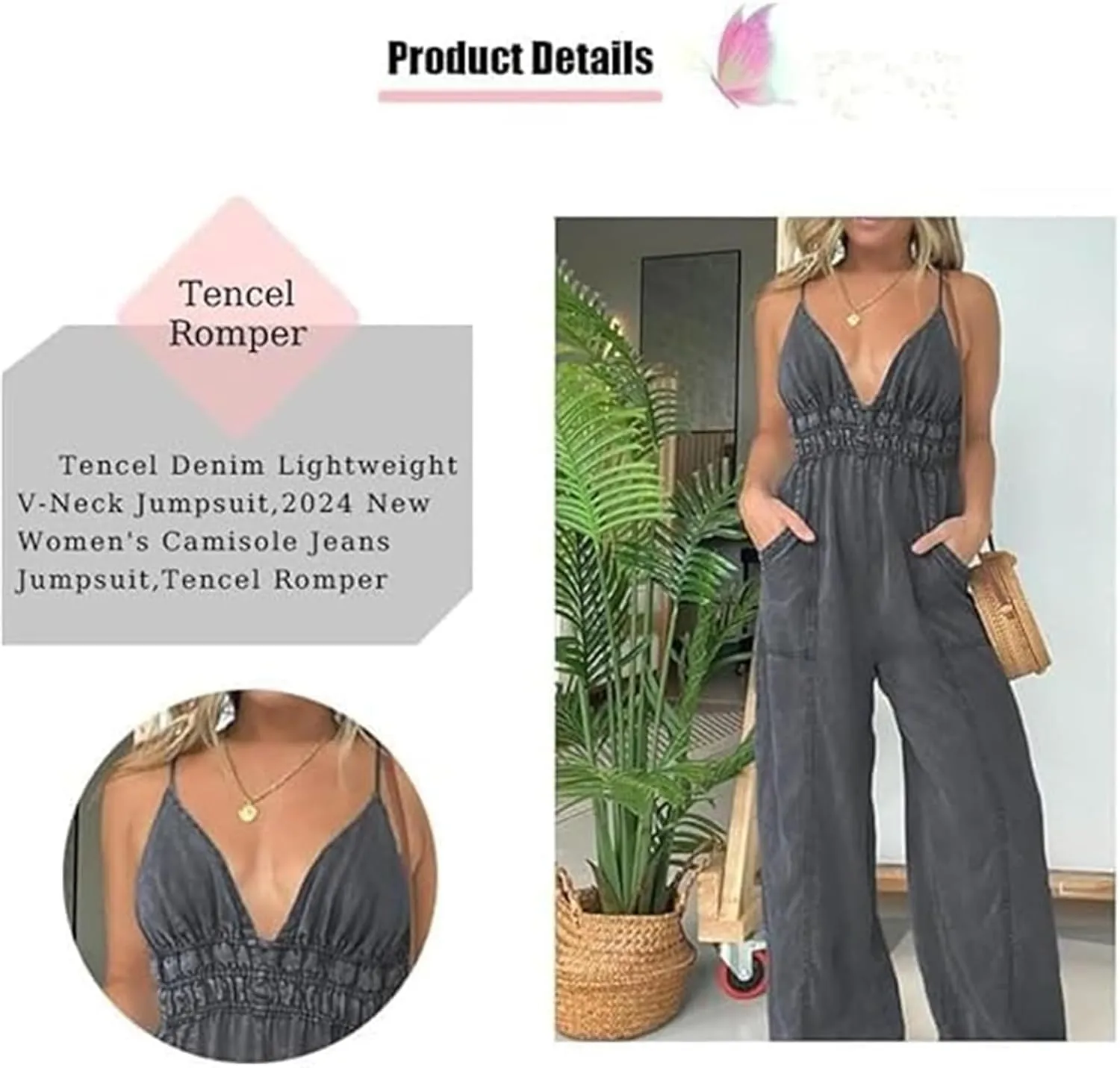 Women's Deep V Neck Denim Jumpsuit, Smocked Elastic Waist Denim Jumpsuit Sleeveless Spaghetti Straps Jeans Romper