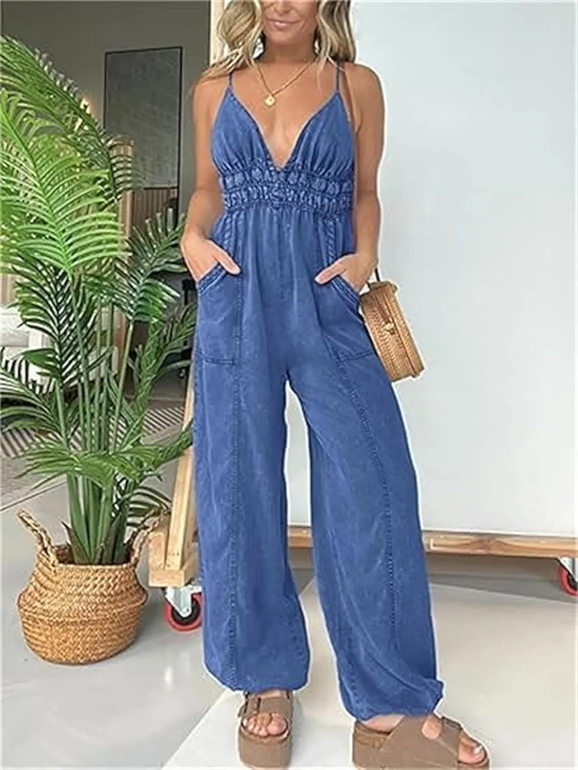 Women's Deep V Neck Denim Jumpsuit, Smocked Elastic Waist Denim Jumpsuit Sleeveless Spaghetti Straps Jeans Romper