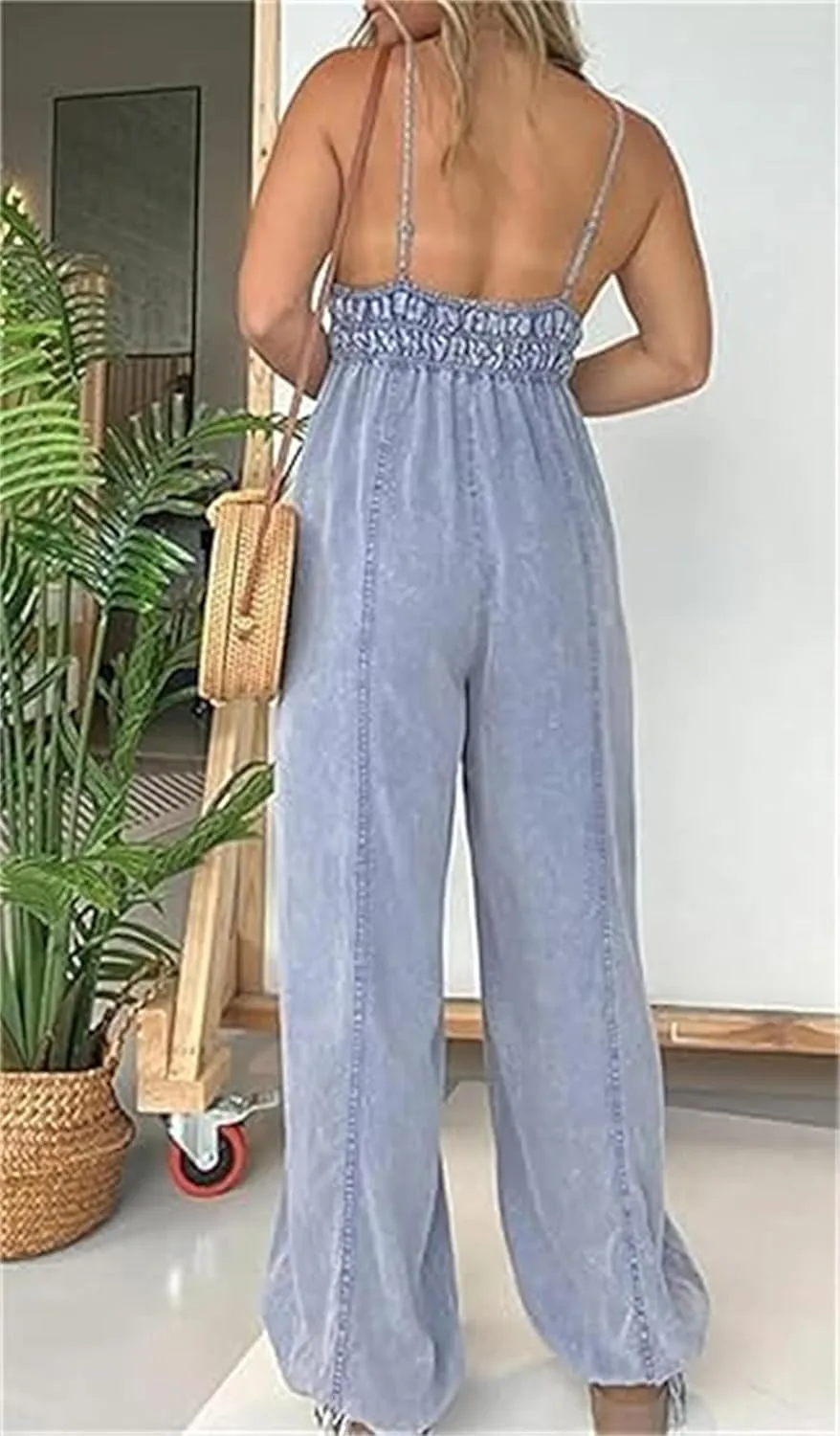 Women's Deep V Neck Denim Jumpsuit, Smocked Elastic Waist Denim Jumpsuit Sleeveless Spaghetti Straps Jeans Romper