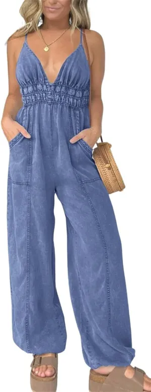 Women's Deep V Neck Denim Jumpsuit, Smocked Elastic Waist Denim Jumpsuit Sleeveless Spaghetti Straps Jeans Romper