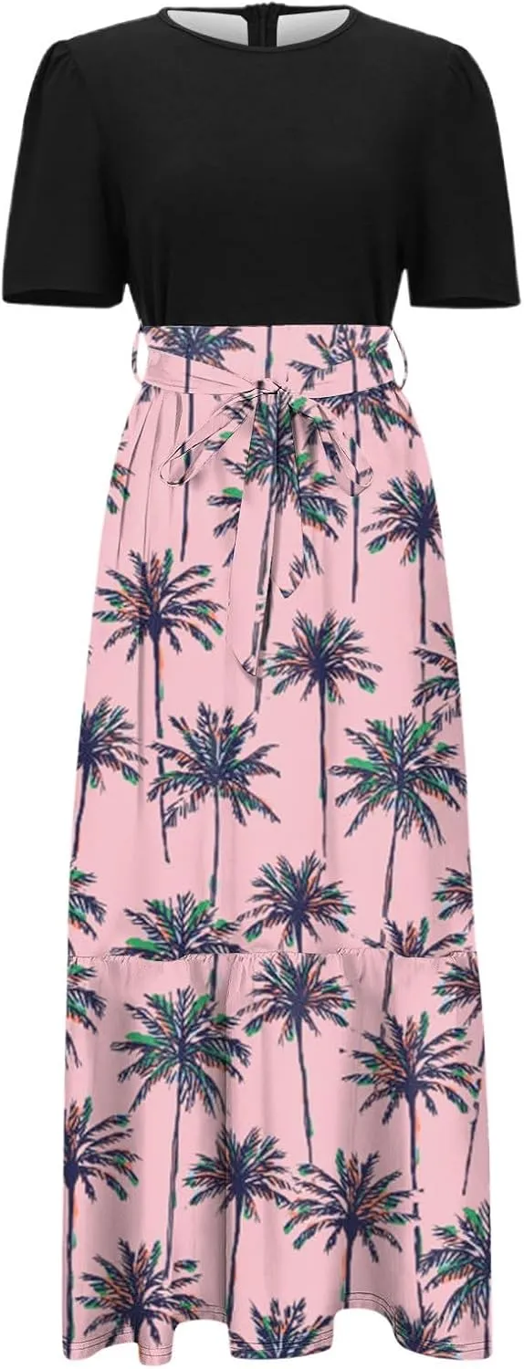 Womens Floral Print Long Dresses Elegant Boho Tie Belted Sundress Patchwork Empire Waist Short Sleeve Flowy Maxi Dress