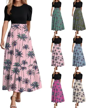 Womens Floral Print Long Dresses Elegant Boho Tie Belted Sundress Patchwork Empire Waist Short Sleeve Flowy Maxi Dress