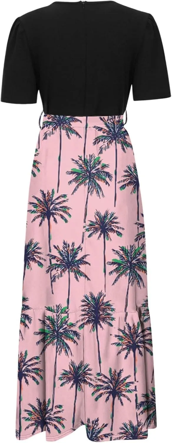 Womens Floral Print Long Dresses Elegant Boho Tie Belted Sundress Patchwork Empire Waist Short Sleeve Flowy Maxi Dress