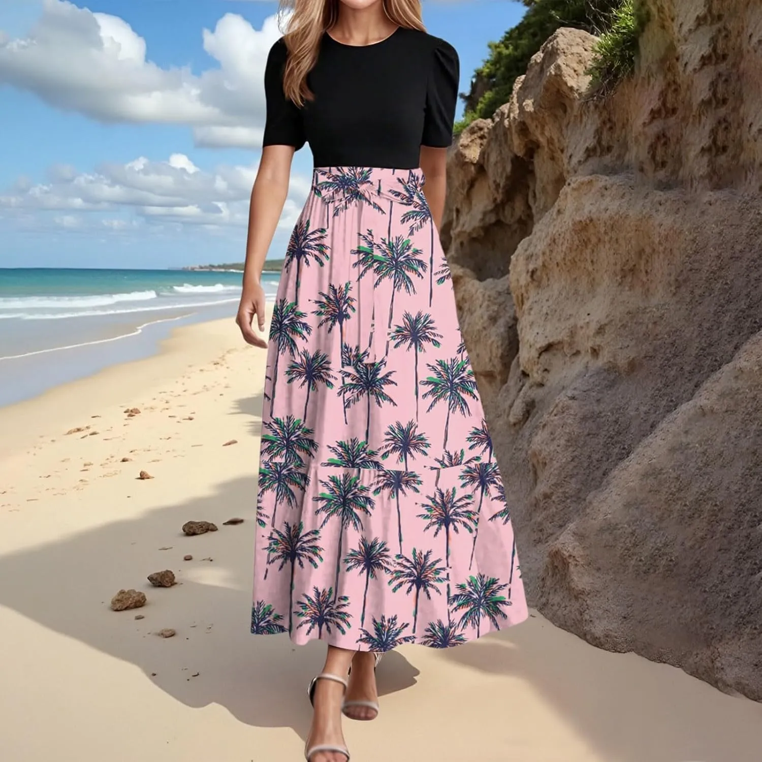 Womens Floral Print Long Dresses Elegant Boho Tie Belted Sundress Patchwork Empire Waist Short Sleeve Flowy Maxi Dress