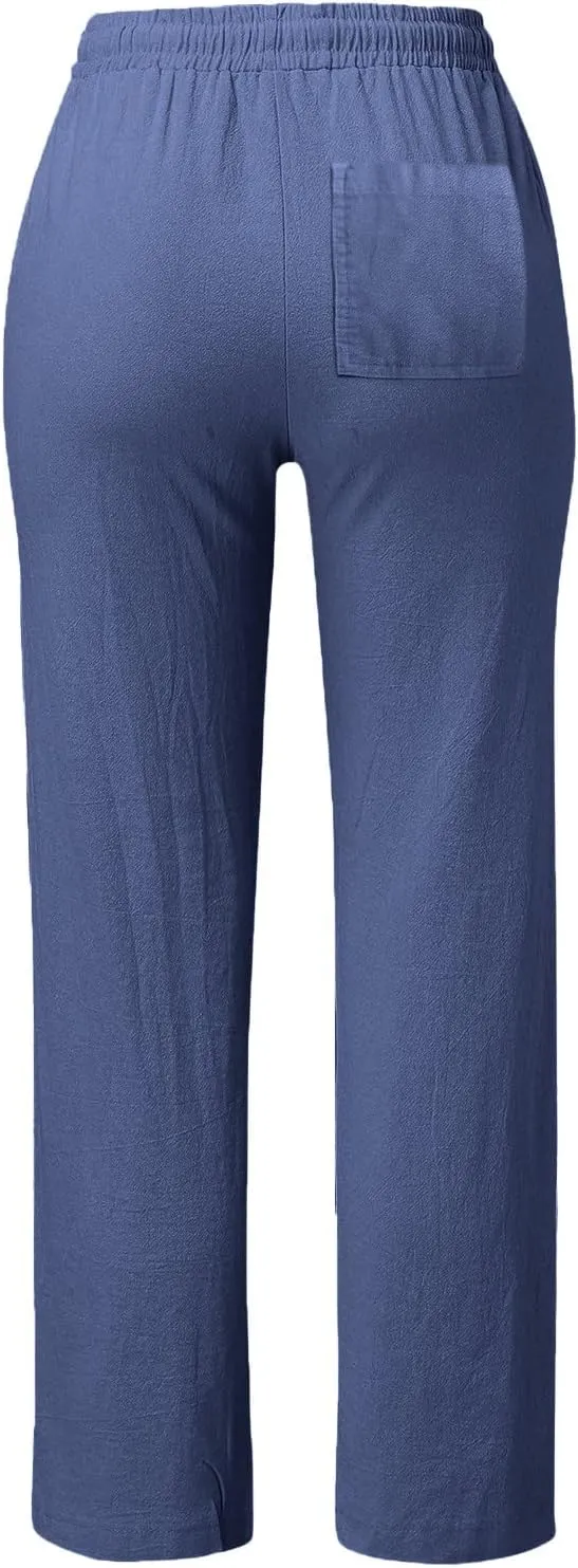 Women's Linen Casual Pants Summer Drawstring Straight Leg Trousers Lightweight Elastic Waist Cotton Pant with Pockets