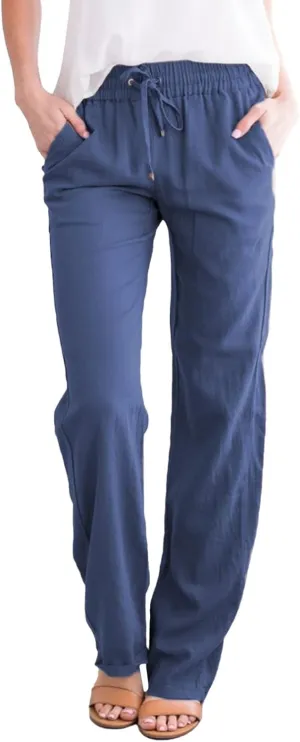 Women's Linen Casual Pants Summer Drawstring Straight Leg Trousers Lightweight Elastic Waist Cotton Pant with Pockets