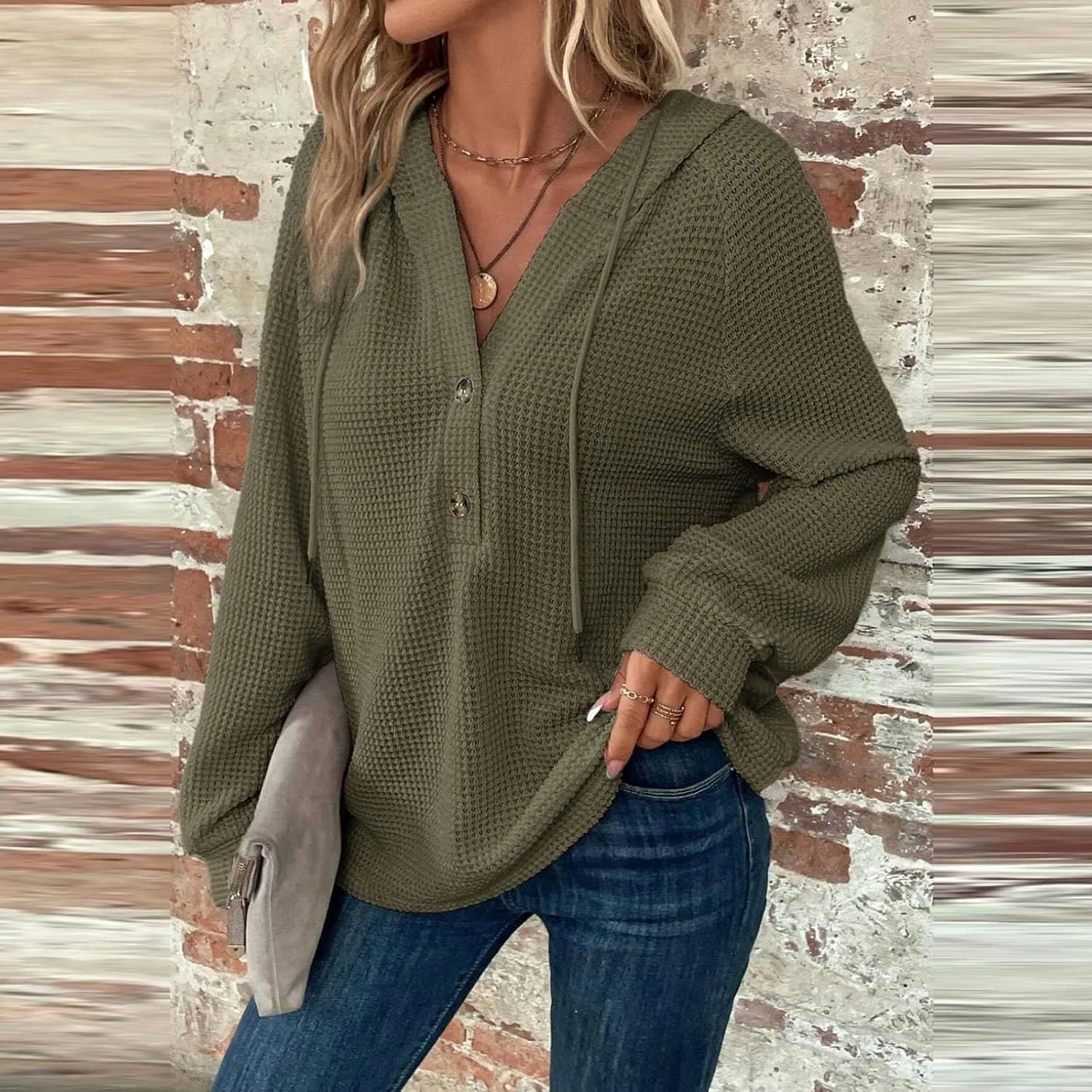 Womens Long Sleeve Hoodies 2024 Drawstring Sweatshirt Loose Button Comfy V-Neck Top Dressy Daily Clothes