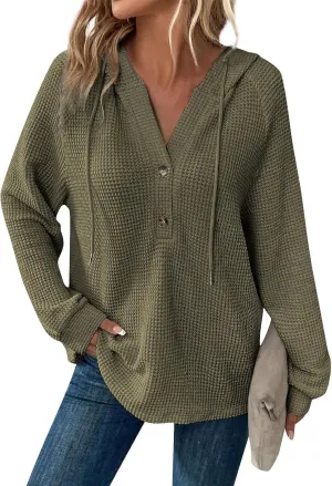 Womens Long Sleeve Hoodies 2024 Drawstring Sweatshirt Loose Button Comfy V-Neck Top Dressy Daily Clothes