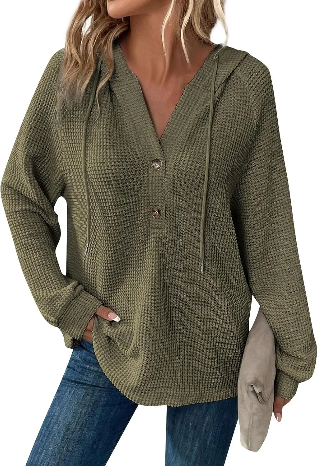 Womens Long Sleeve Hoodies 2024 Drawstring Sweatshirt Loose Button Comfy V-Neck Top Dressy Daily Clothes