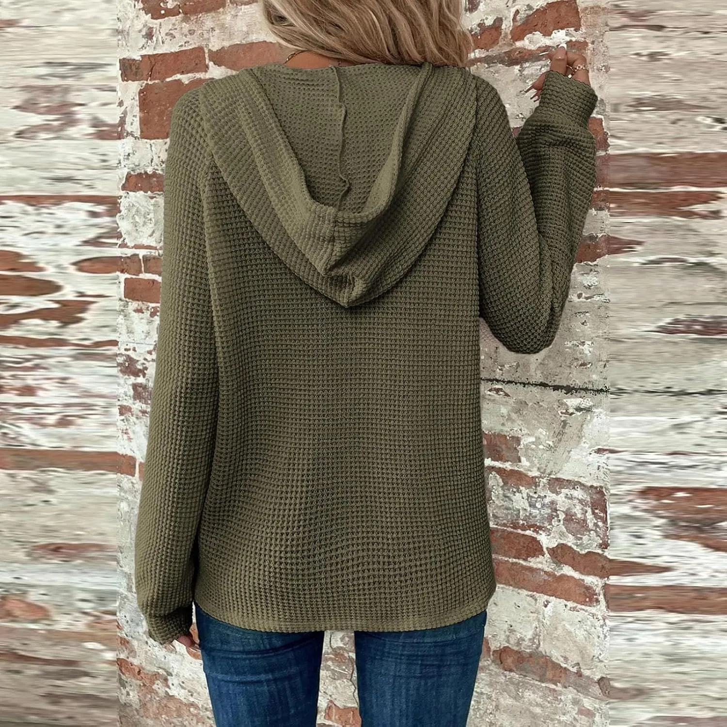 Womens Long Sleeve Hoodies 2024 Drawstring Sweatshirt Loose Button Comfy V-Neck Top Dressy Daily Clothes