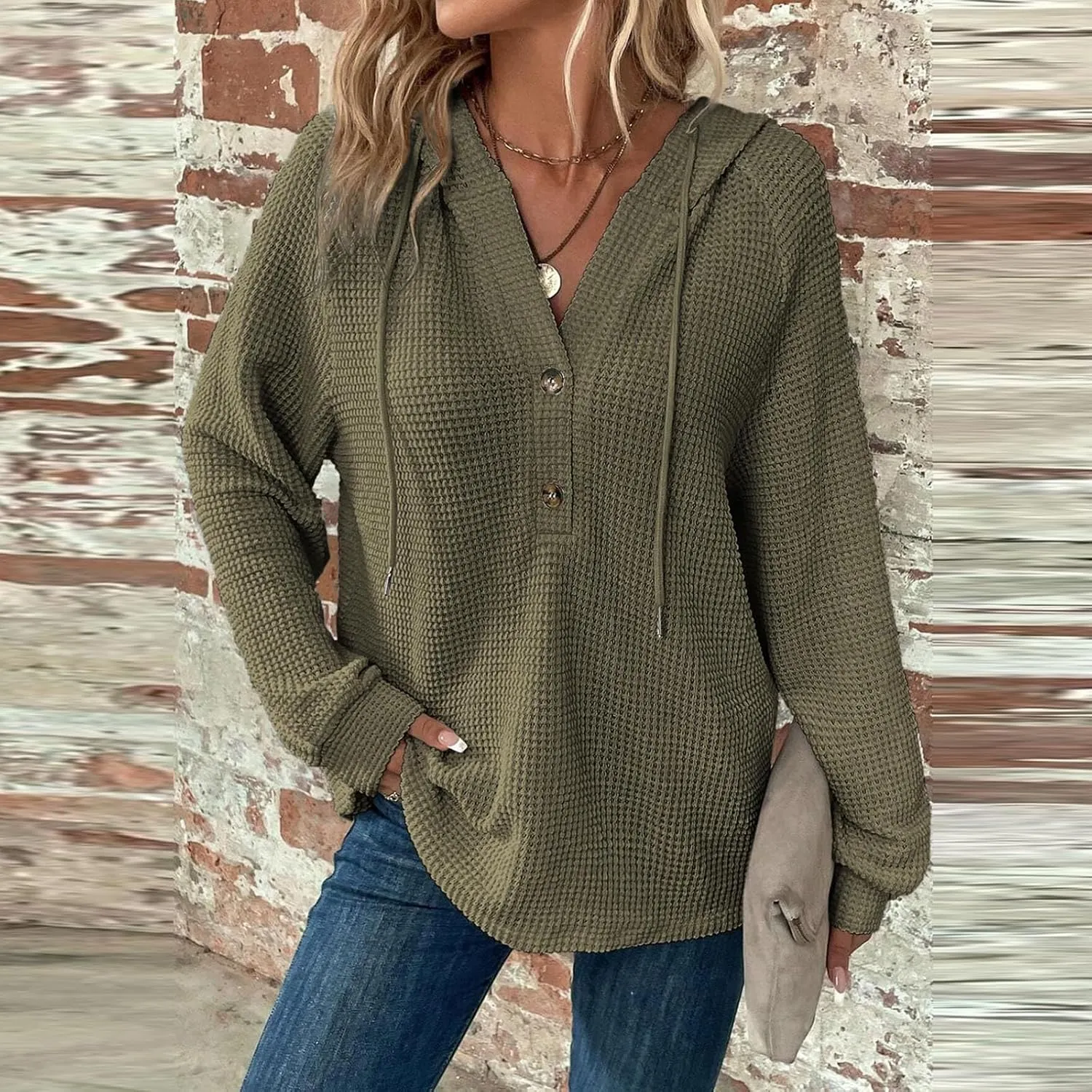 Womens Long Sleeve Hoodies 2024 Drawstring Sweatshirt Loose Button Comfy V-Neck Top Dressy Daily Clothes