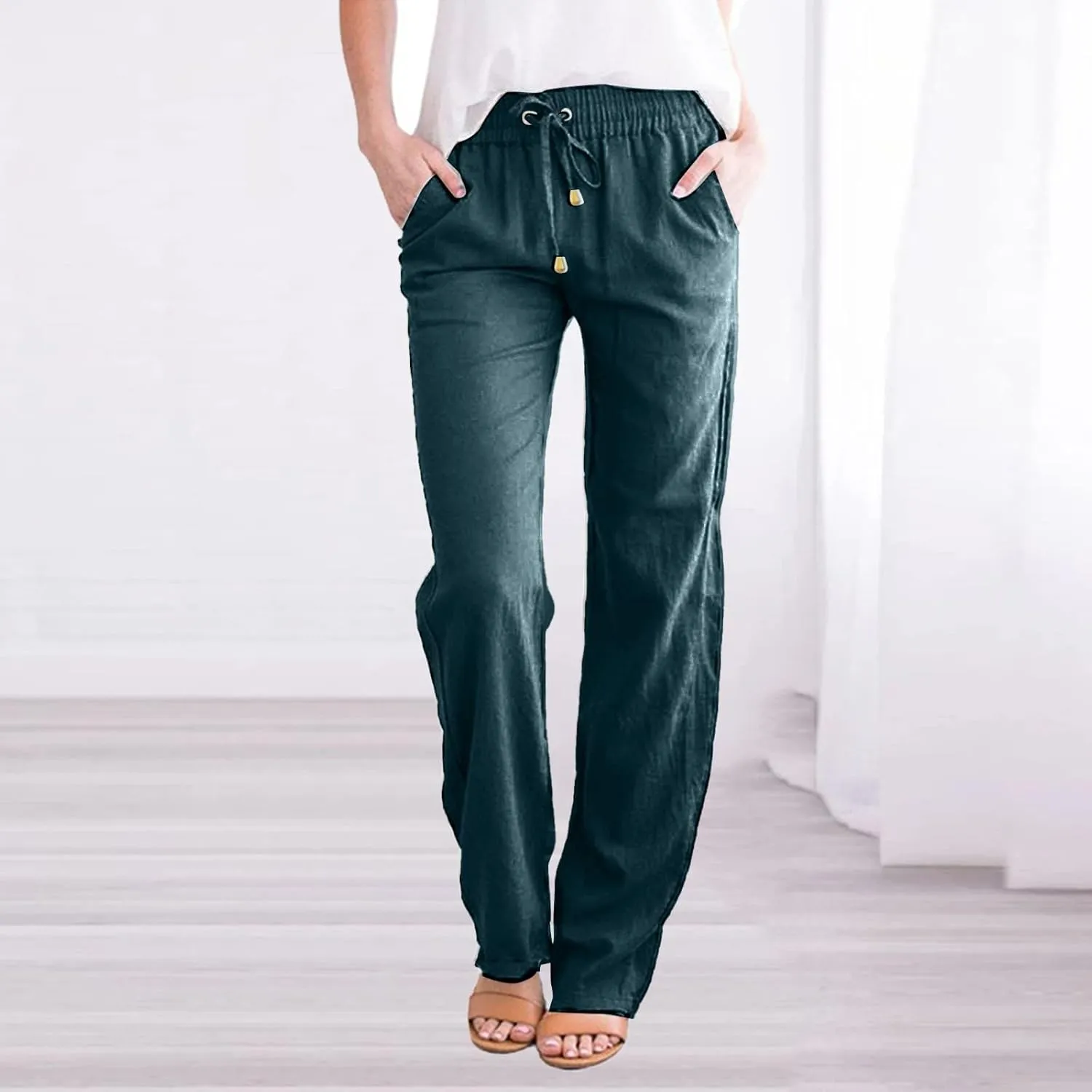 Women's Running Sweatpants Cotton Linen Casual Joggers Pants Summer Wide Leg Trousers with Pocket 2025
