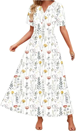 Womens Summer Boho Maxi Dresses 2025 Floral V Neck Flowy Sundress Short Sleeve High Waist A Line Beach Vacation Dress