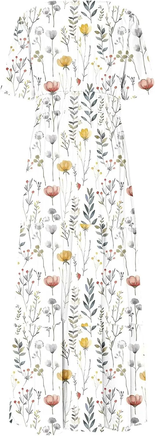 Womens Summer Boho Maxi Dresses 2025 Floral V Neck Flowy Sundress Short Sleeve High Waist A Line Beach Vacation Dress