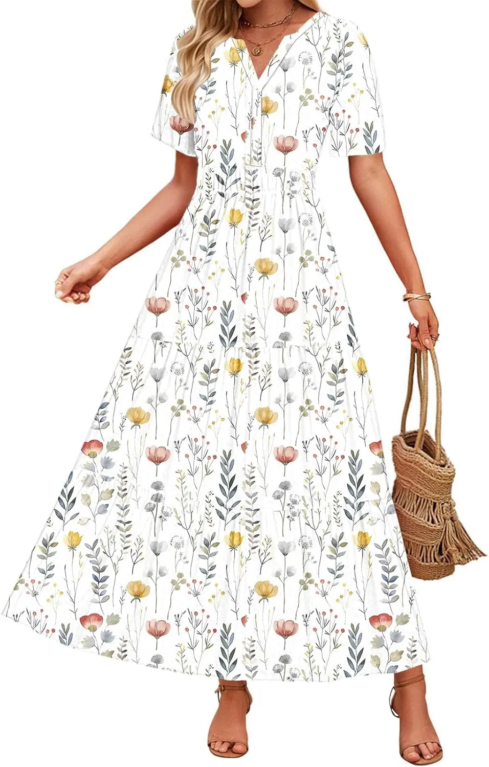 Womens Summer Boho Maxi Dresses 2025 Floral V Neck Flowy Sundress Short Sleeve High Waist A Line Beach Vacation Dress