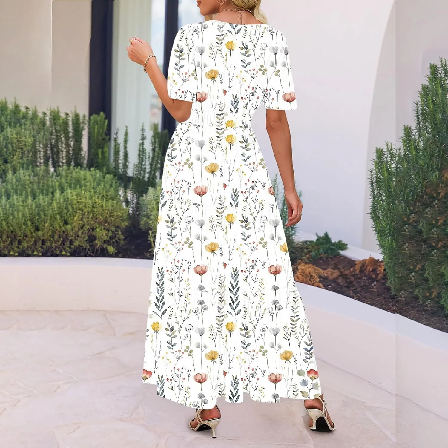 Womens Summer Boho Maxi Dresses 2025 Floral V Neck Flowy Sundress Short Sleeve High Waist A Line Beach Vacation Dress