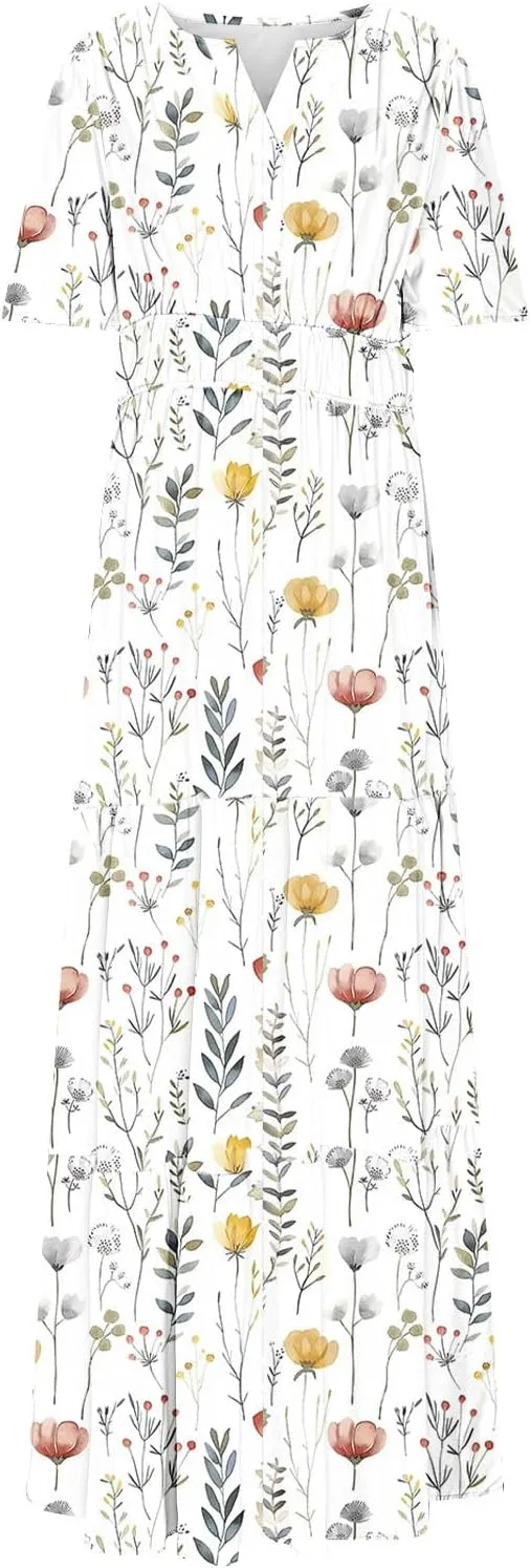 Womens Summer Boho Maxi Dresses 2025 Floral V Neck Flowy Sundress Short Sleeve High Waist A Line Beach Vacation Dress